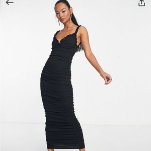 Black ruffle cupped midi cocktail party dress